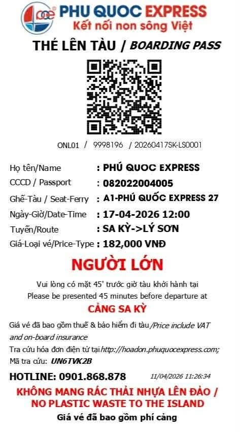 Vé tàu Sa Kỳ - Lý Sơn Phú Quốc Express 27